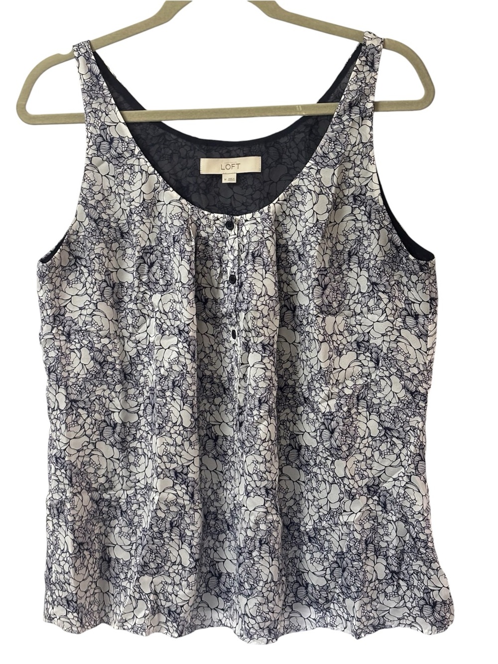LOFT White Navy Floral Scoop Neck Sleeveless Blouse sz M Grannycore Resort Top